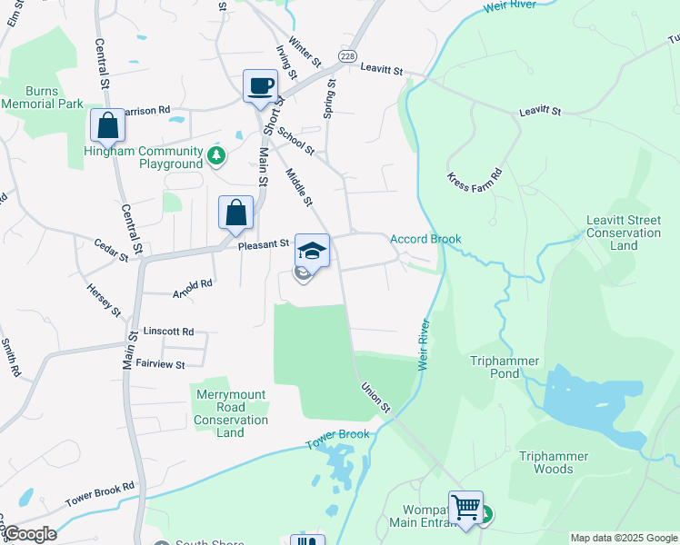 map of restaurants, bars, coffee shops, grocery stores, and more near 17 Union Street in Hingham