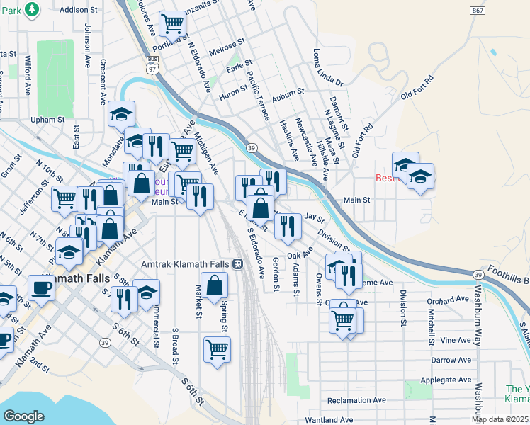 map of restaurants, bars, coffee shops, grocery stores, and more near 132 Martin Street in Klamath Falls