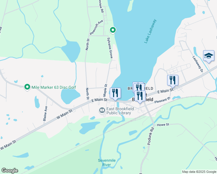 map of restaurants, bars, coffee shops, grocery stores, and more near 121 Maple Street in East Brookfield