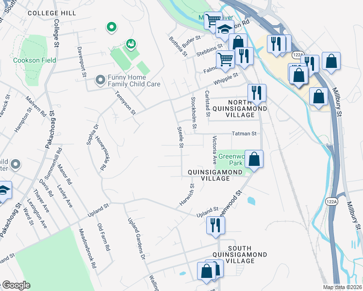 map of restaurants, bars, coffee shops, grocery stores, and more near 26 Peacedale Avenue in Worcester