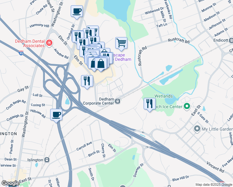 map of restaurants, bars, coffee shops, grocery stores, and more near 1000 Presidents Way in Dedham