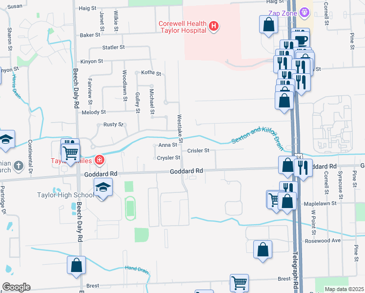 map of restaurants, bars, coffee shops, grocery stores, and more near 24972 Crisler Street in Taylor