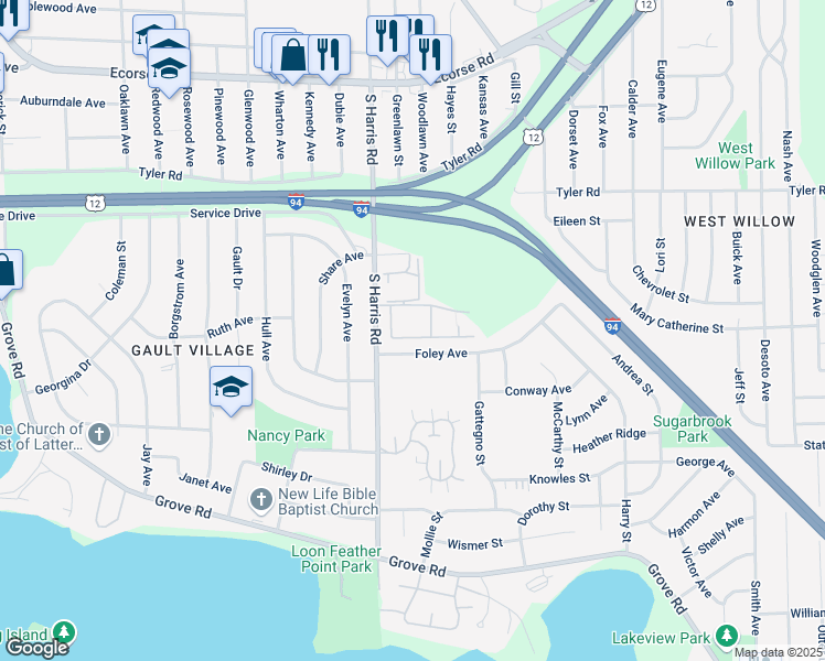 map of restaurants, bars, coffee shops, grocery stores, and more near 1468 Village Lane in Ypsilanti