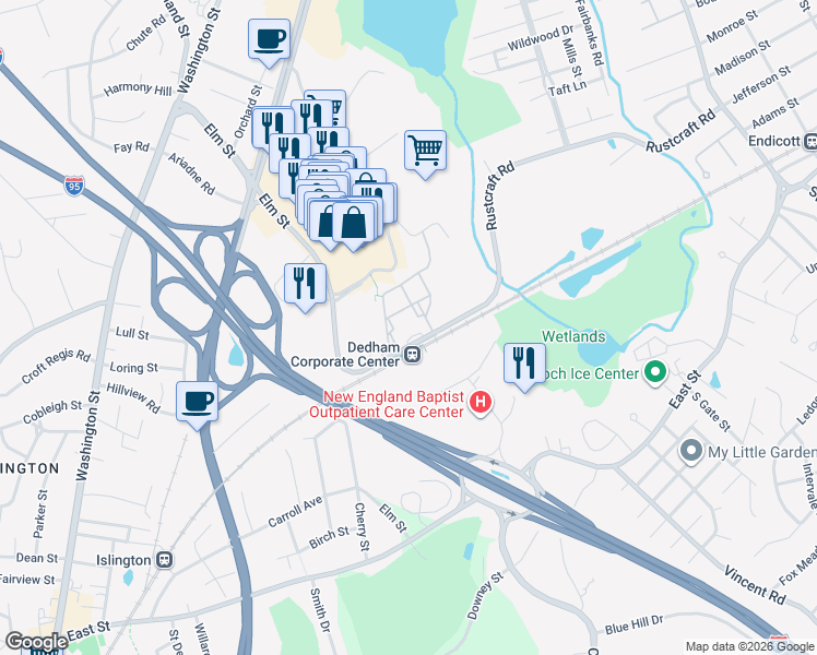 map of restaurants, bars, coffee shops, grocery stores, and more near 1000 Presidents Way in Dedham