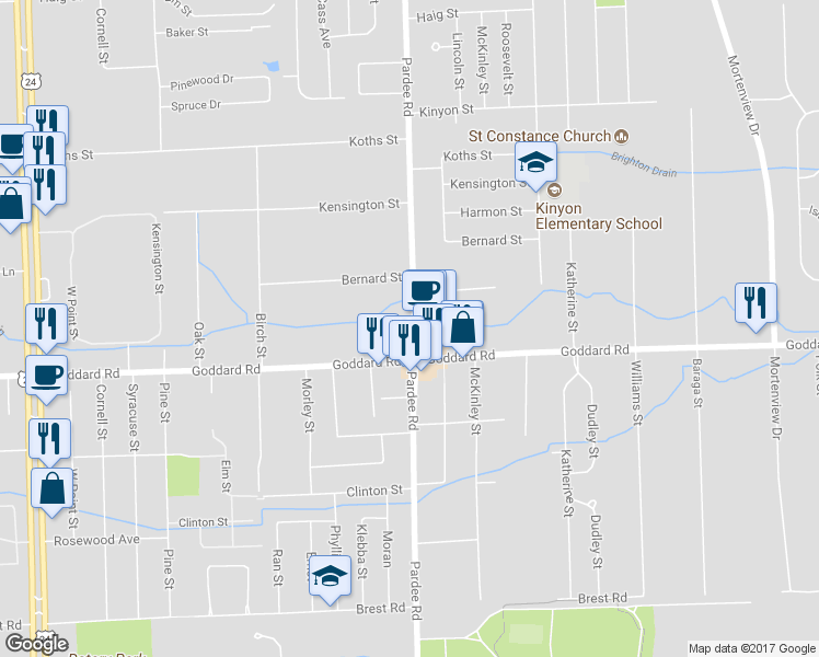 map of restaurants, bars, coffee shops, grocery stores, and more near 10888 Pardee Road in Taylor