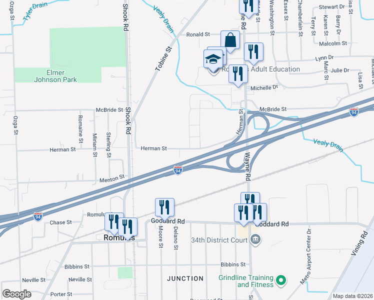 map of restaurants, bars, coffee shops, grocery stores, and more near 5805 Diane Drive in Romulus