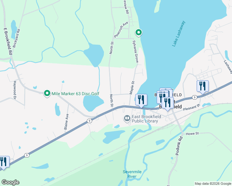 map of restaurants, bars, coffee shops, grocery stores, and more near 118 Prospect Street in East Brookfield