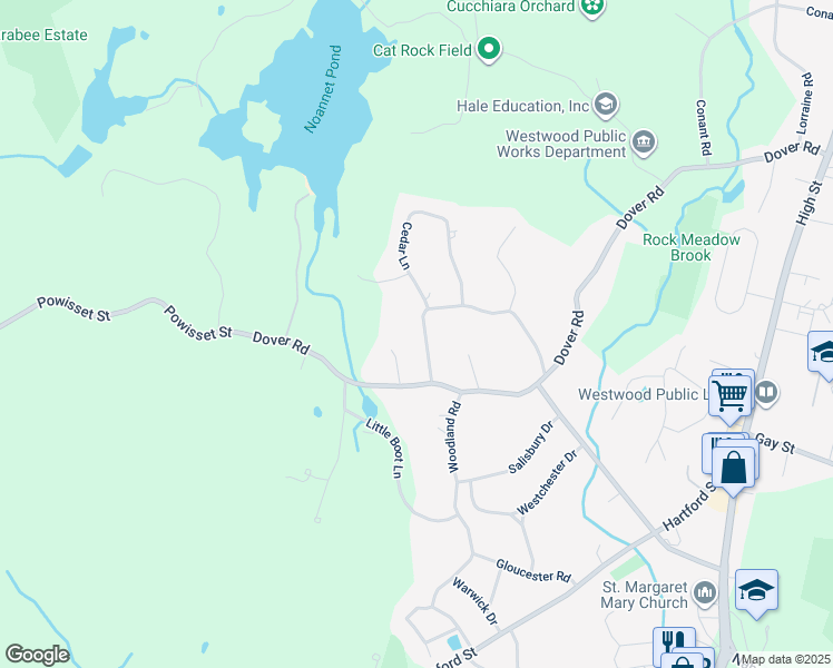 map of restaurants, bars, coffee shops, grocery stores, and more near 89 Rockmeadow Road in Westwood