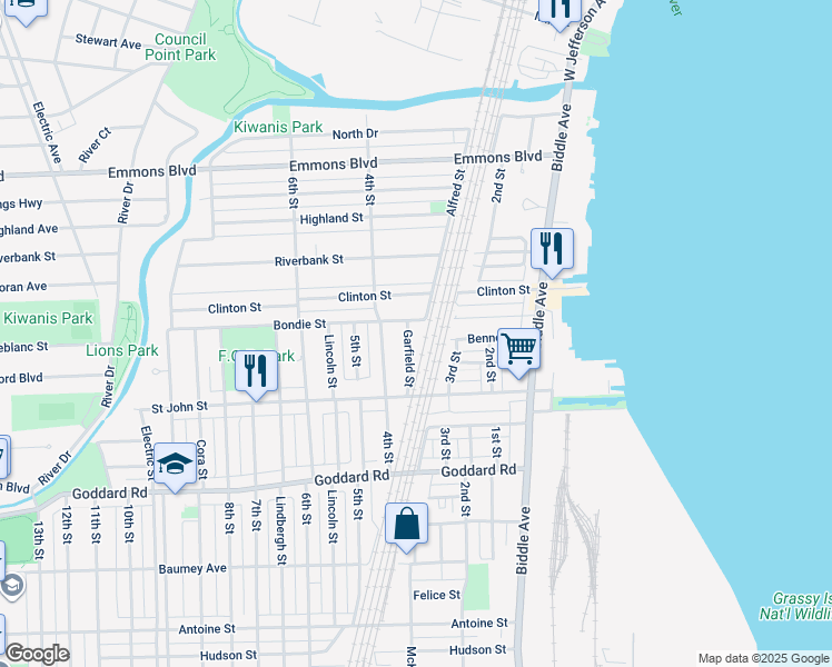 map of restaurants, bars, coffee shops, grocery stores, and more near 627 Garfield Street in Wyandotte