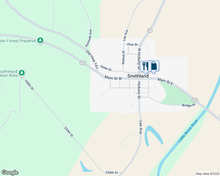 map of restaurants, bars, coffee shops, grocery stores, and more near 400 Elm Street in Smithland