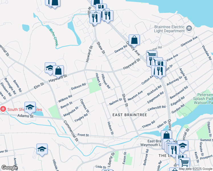 map of restaurants, bars, coffee shops, grocery stores, and more near 49 Hillcrest Road in Braintree