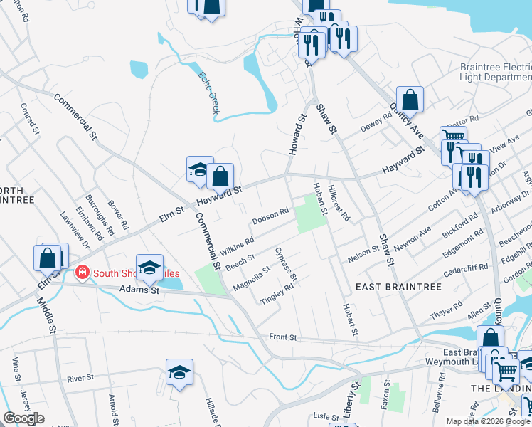 map of restaurants, bars, coffee shops, grocery stores, and more near 35 Dobson Road in Braintree