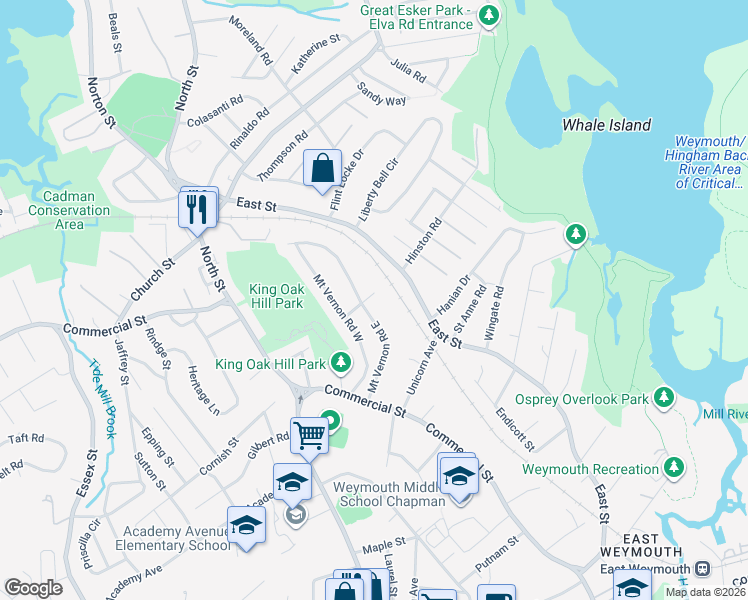 map of restaurants, bars, coffee shops, grocery stores, and more near 31 Mount Ida Road in Weymouth