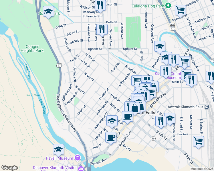 map of restaurants, bars, coffee shops, grocery stores, and more near 604 North 7th Street in Klamath Falls