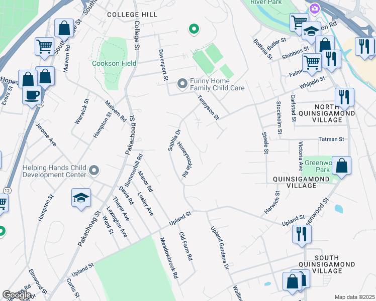 map of restaurants, bars, coffee shops, grocery stores, and more near 40 Honeysuckle Road in Worcester