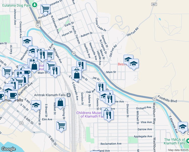 map of restaurants, bars, coffee shops, grocery stores, and more near 135 Jay Street in Klamath Falls