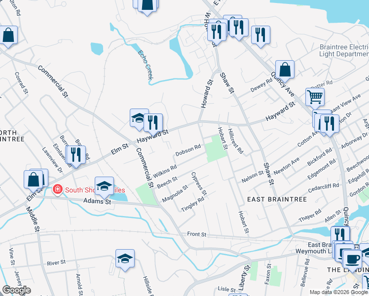 map of restaurants, bars, coffee shops, grocery stores, and more near 35 Dobson Road in Braintree
