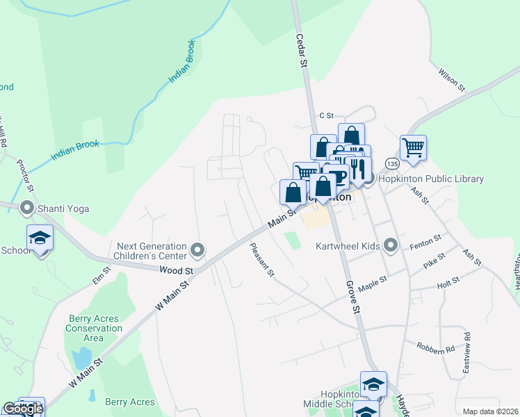 map of restaurants, bars, coffee shops, grocery stores, and more near 6 Mayhew Street in Hopkinton