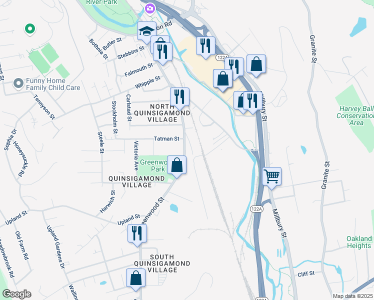 map of restaurants, bars, coffee shops, grocery stores, and more near 117 Greenwood Street in Worcester