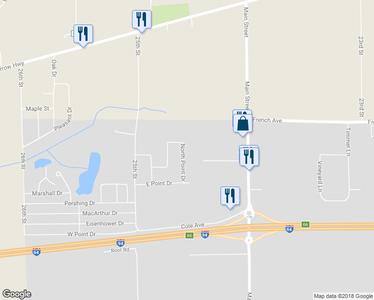 map of restaurants, bars, coffee shops, grocery stores, and more near 52465 North Point Drive in Mattawan