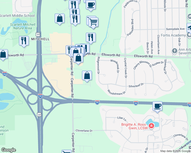 map of restaurants, bars, coffee shops, grocery stores, and more near 4204 Ridgewood Drive in Ypsilanti