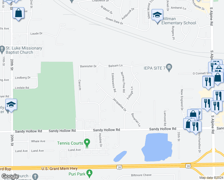 map of restaurants, bars, coffee shops, grocery stores, and more near 3005 Edelweiss Road in Rockford