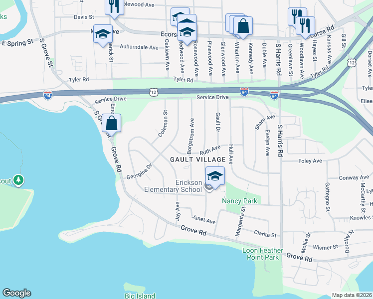 map of restaurants, bars, coffee shops, grocery stores, and more near 1220 Borgstrom Avenue in Ypsilanti