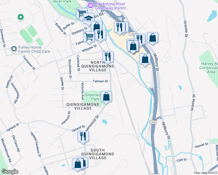 map of restaurants, bars, coffee shops, grocery stores, and more near 117 Greenwood Street in Worcester
