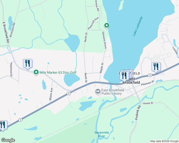 map of restaurants, bars, coffee shops, grocery stores, and more near 118 Prospect Street in East Brookfield