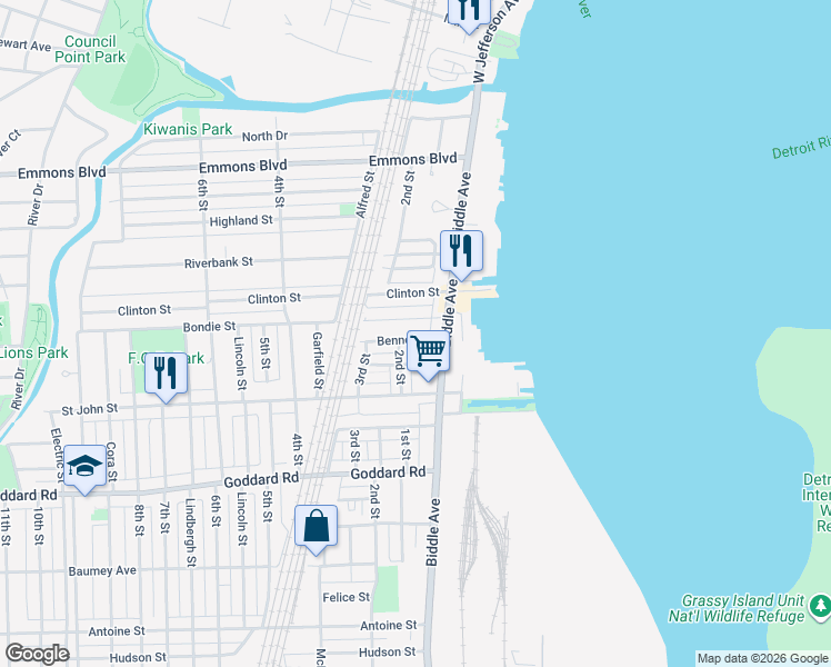 map of restaurants, bars, coffee shops, grocery stores, and more near 138 Bennett Street in Wyandotte