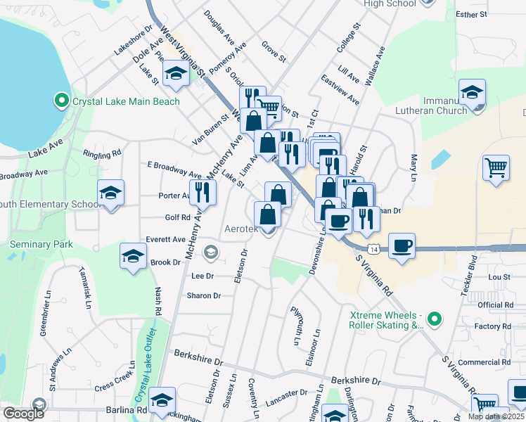 map of restaurants, bars, coffee shops, grocery stores, and more near 325 Lake Street in Crystal Lake