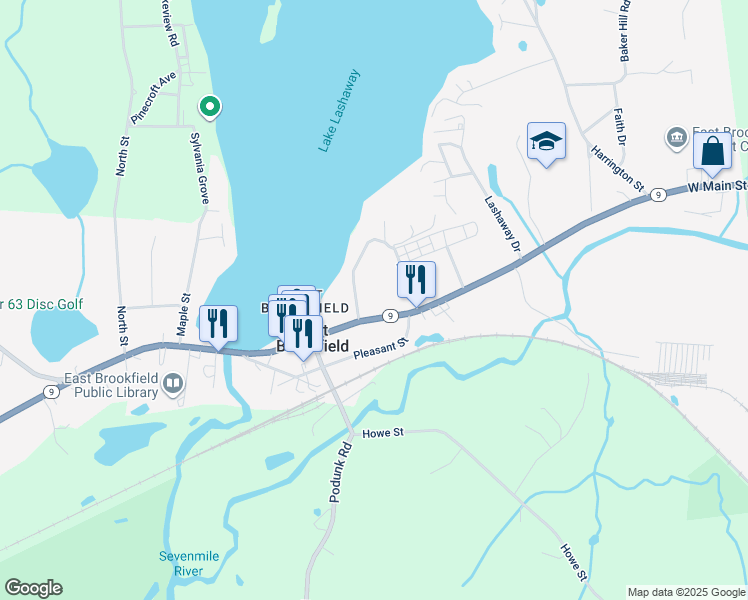 map of restaurants, bars, coffee shops, grocery stores, and more near 109 Gleason Avenue in East Brookfield