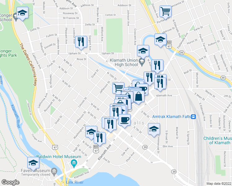 map of restaurants, bars, coffee shops, grocery stores, and more near 322 North 9th Street in Klamath Falls