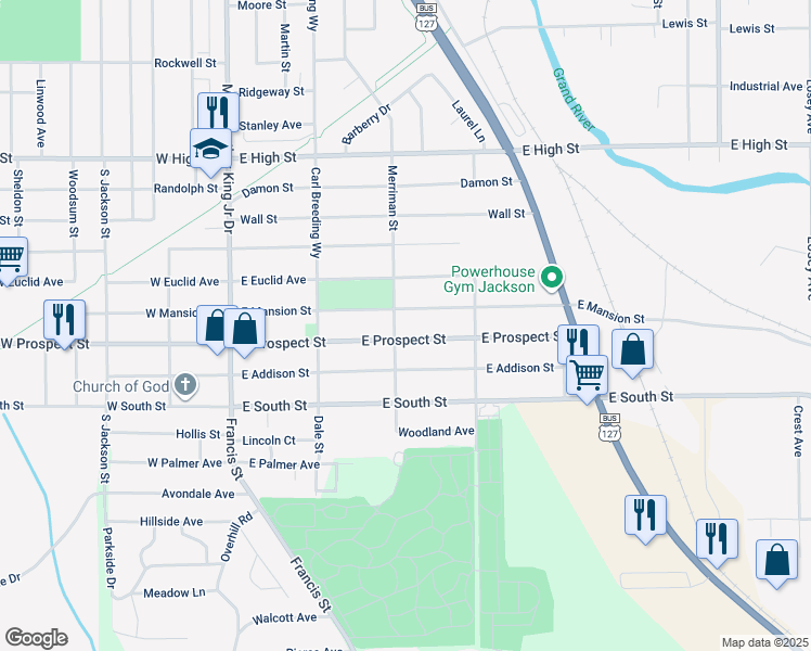 map of restaurants, bars, coffee shops, grocery stores, and more near 304 East Prospect Street in Jackson