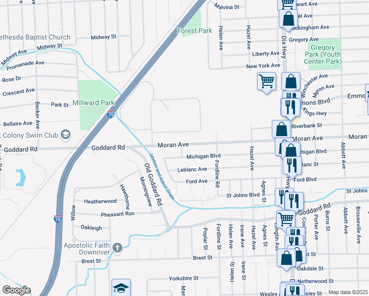 map of restaurants, bars, coffee shops, grocery stores, and more near 14641 Moran Road in Allen Park