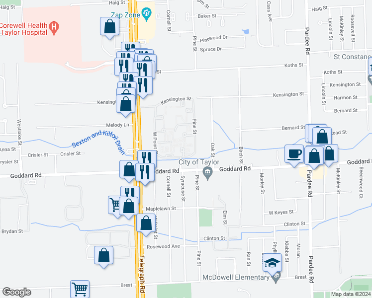 map of restaurants, bars, coffee shops, grocery stores, and more near 10952 Pine Street in Taylor