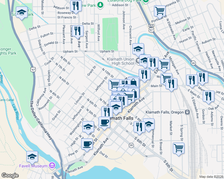map of restaurants, bars, coffee shops, grocery stores, and more near 301 North 9th Street in Klamath Falls