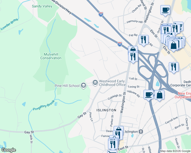 map of restaurants, bars, coffee shops, grocery stores, and more near 1A Laura Lane in Westwood