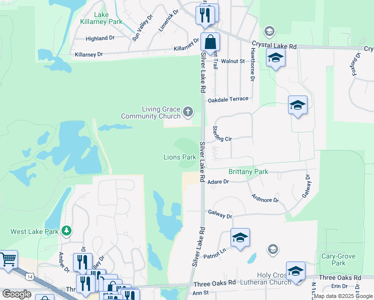 map of restaurants, bars, coffee shops, grocery stores, and more near 1170 Silver Lake Road in Cary