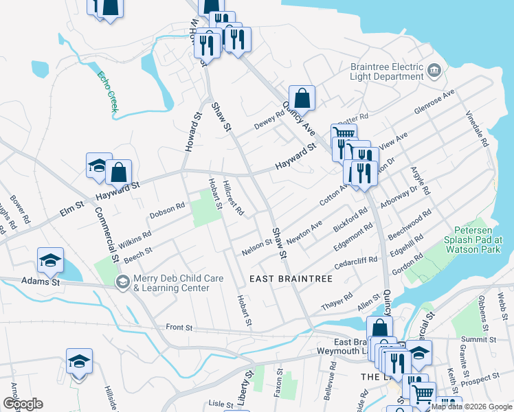 map of restaurants, bars, coffee shops, grocery stores, and more near 54 Fairmount Avenue in Braintree