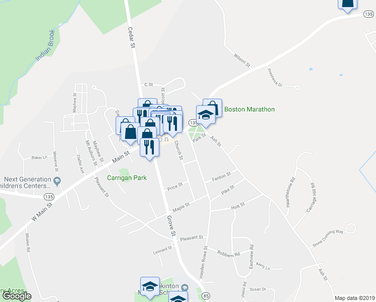 map of restaurants, bars, coffee shops, grocery stores, and more near 12 Hayden Rowe Street in Hopkinton