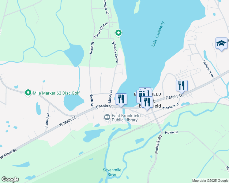 map of restaurants, bars, coffee shops, grocery stores, and more near 121 Maple Street in East Brookfield