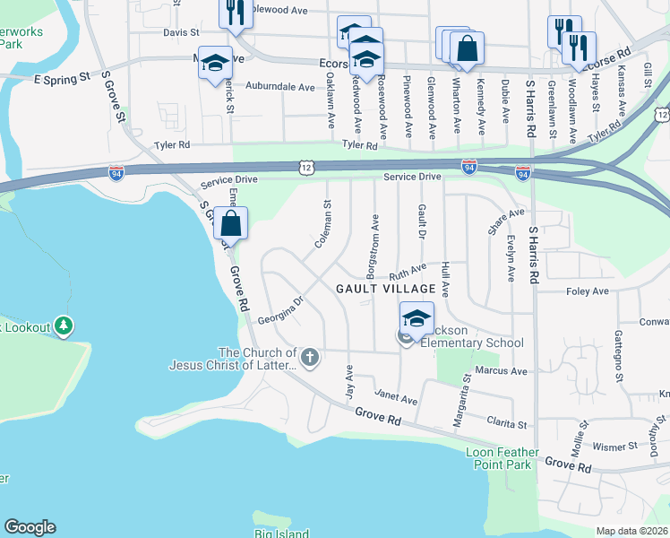 map of restaurants, bars, coffee shops, grocery stores, and more near 1205 Georgina Drive in Ypsilanti