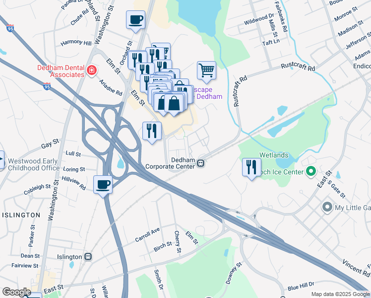map of restaurants, bars, coffee shops, grocery stores, and more near Station Circle in Dedham