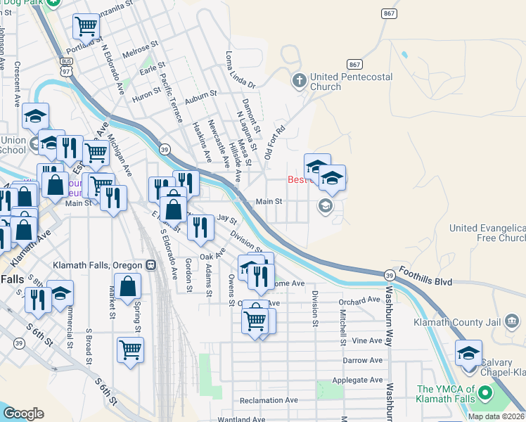 map of restaurants, bars, coffee shops, grocery stores, and more near 108 South Laguna Street in Klamath Falls