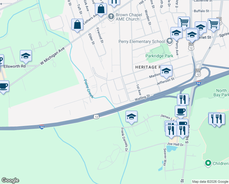 map of restaurants, bars, coffee shops, grocery stores, and more near 1101 Monroe Street in Ypsilanti