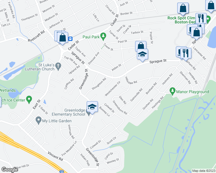 map of restaurants, bars, coffee shops, grocery stores, and more near 51 Westchester Circle in Dedham