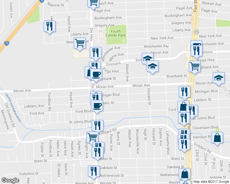 map of restaurants, bars, coffee shops, grocery stores, and more near 1780 Michigan Blvd in Lincoln Park