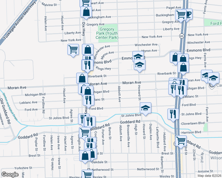 map of restaurants, bars, coffee shops, grocery stores, and more near 1780 Michigan Boulevard in Lincoln Park