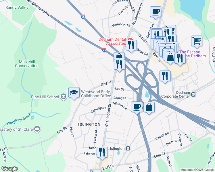 map of restaurants, bars, coffee shops, grocery stores, and more near 895 Gay Street in Westwood